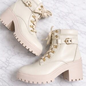 Cream Lace-Up Ankle Combat Boots